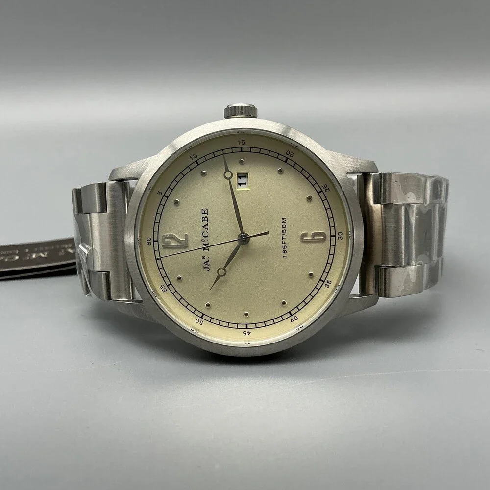 JAS McCabe JM-1034 Mens Watch 42mm Cream Dial Stainless Date New Battery 8.25
